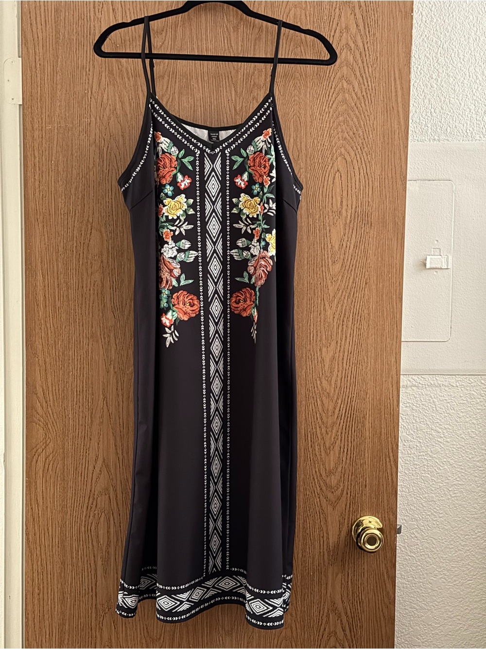 SHEIN Black Midi Slip Dress with Multicolor Floral Embroidery